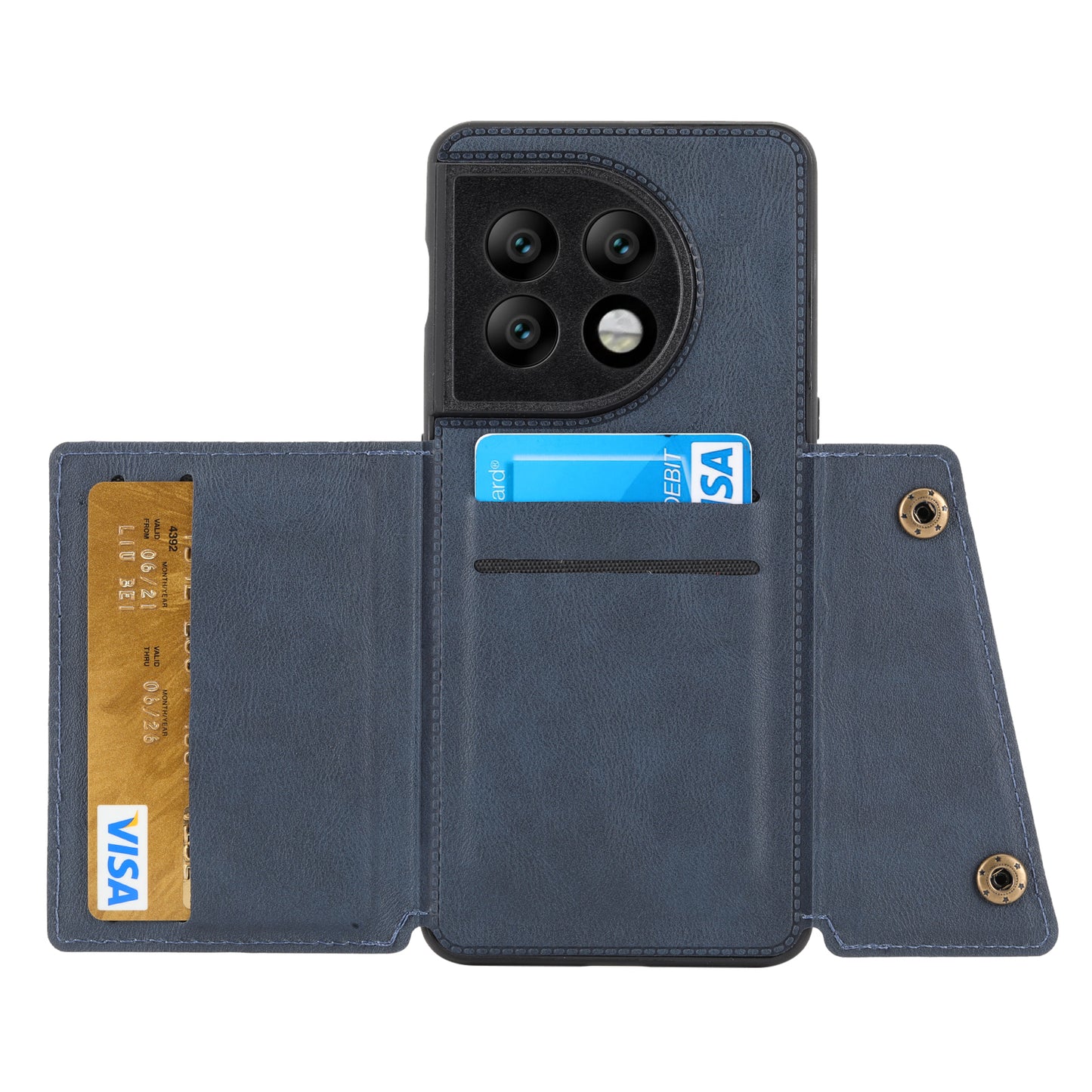 For OnePlus 11 5G Card Holder Phone Case PU Leather Coated TPU Kickstand Case with Car Mount Metal Sheet - Blue