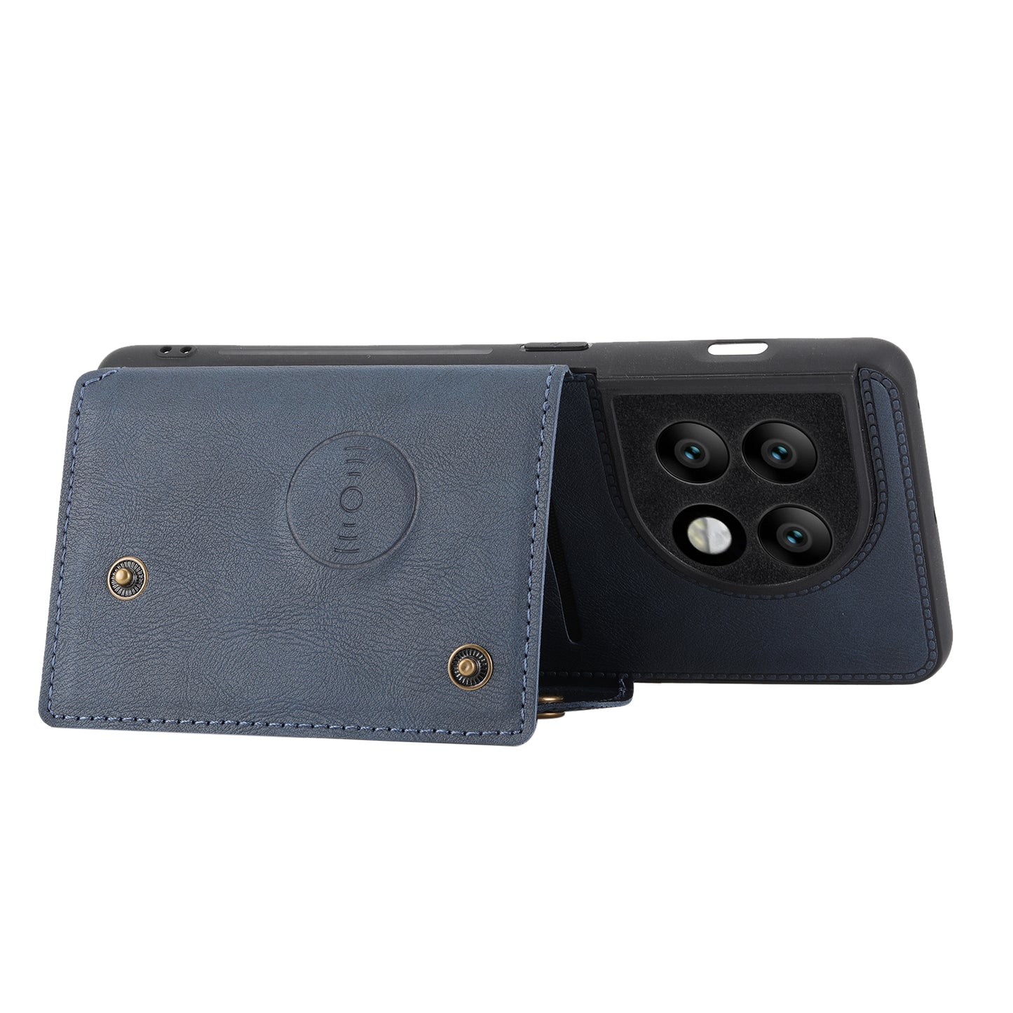 For OnePlus 11 5G Card Holder Phone Case PU Leather Coated TPU Kickstand Case with Car Mount Metal Sheet - Blue