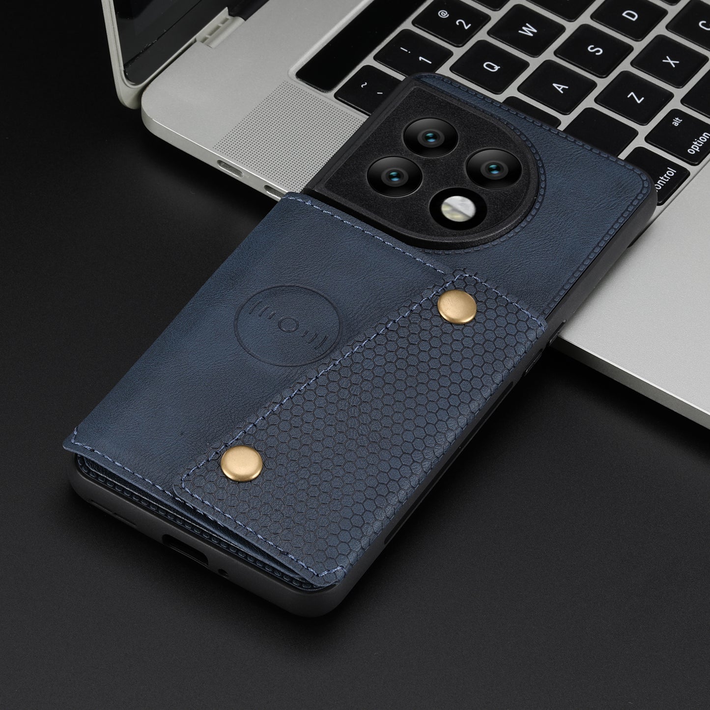 For OnePlus 11 5G Card Holder Phone Case PU Leather Coated TPU Kickstand Case with Car Mount Metal Sheet - Blue