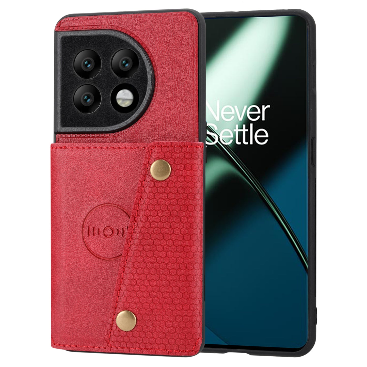 For OnePlus 11 5G Card Holder Phone Case PU Leather Coated TPU Kickstand Case with Car Mount Metal Sheet - Red