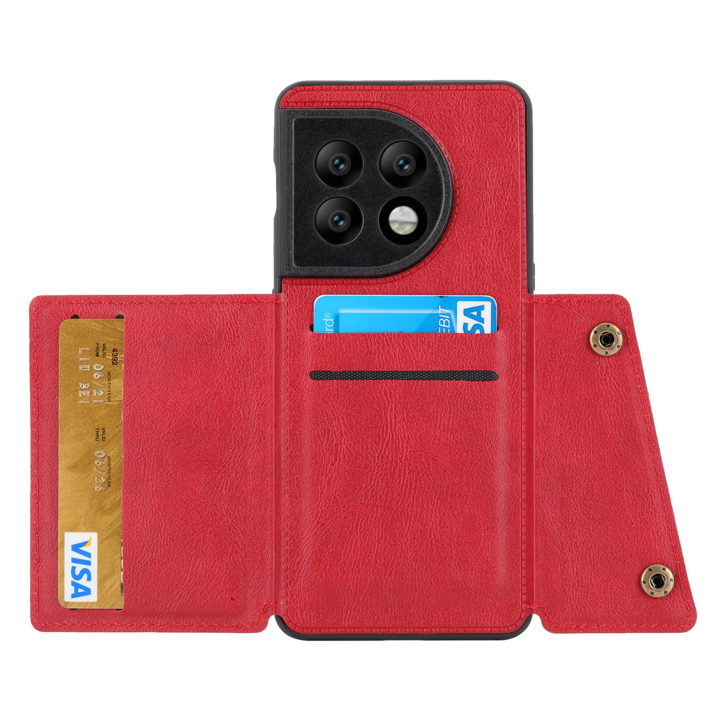 For OnePlus 11 5G Card Holder Phone Case PU Leather Coated TPU Kickstand Case with Car Mount Metal Sheet - Red