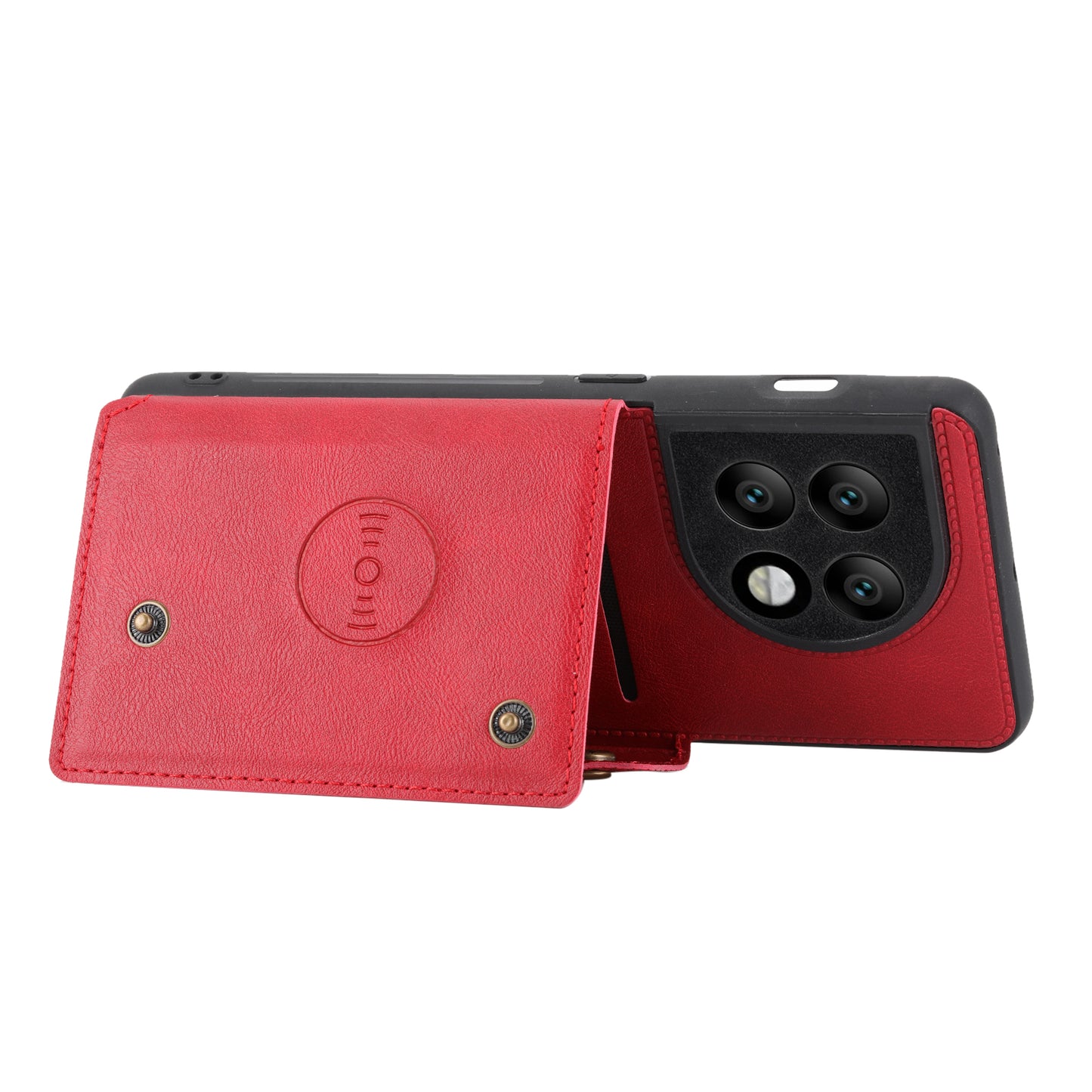 For OnePlus 11 5G Card Holder Phone Case PU Leather Coated TPU Kickstand Case with Car Mount Metal Sheet - Red