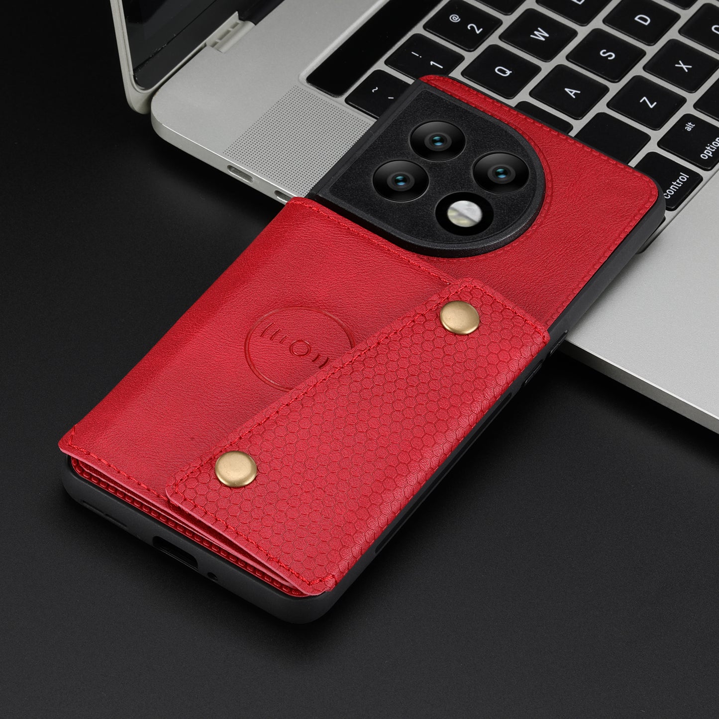 For OnePlus 11 5G Card Holder Phone Case PU Leather Coated TPU Kickstand Case with Car Mount Metal Sheet - Red