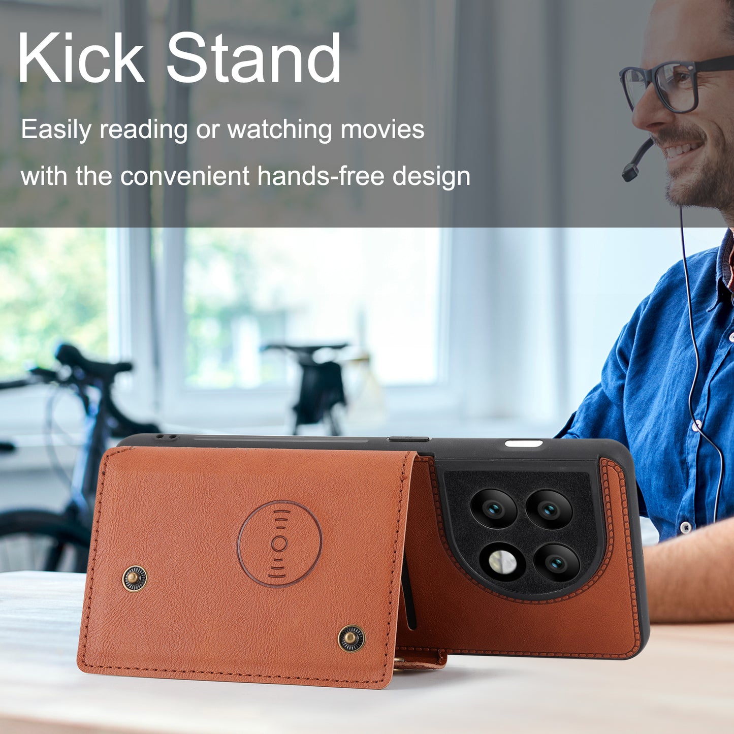 For OnePlus 11 5G Card Holder Phone Case PU Leather Coated TPU Kickstand Case with Car Mount Metal Sheet - Red