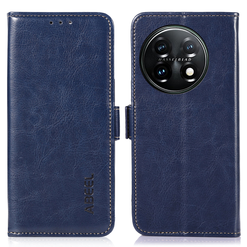 ABEEL For OnePlus 11 5G PU Leather Cell Phone Case Crazy Horse Texture Stand Wallet Flip Cover - Blue