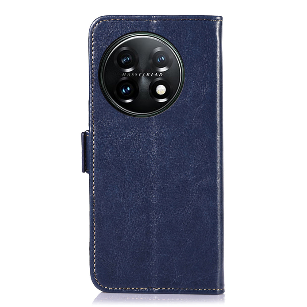 ABEEL For OnePlus 11 5G PU Leather Cell Phone Case Crazy Horse Texture Stand Wallet Flip Cover - Blue