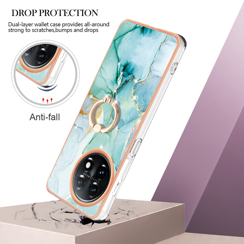 YB IMD Series-10 For OnePlus 11 5G Ring Kickstand TPU Phone Case IMD Marble Pattern Electroplating Cover - Green 003