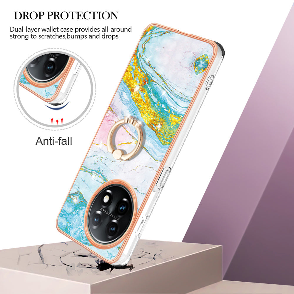 YB IMD Series-10 For OnePlus 11 5G Ring Kickstand TPU Phone Case IMD Marble Pattern Electroplating Cover - Green 004