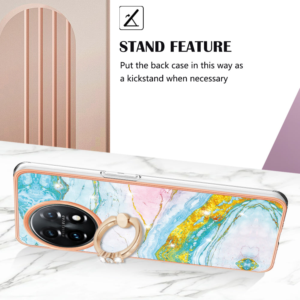 YB IMD Series-10 For OnePlus 11 5G Ring Kickstand TPU Phone Case IMD Marble Pattern Electroplating Cover - Green 004