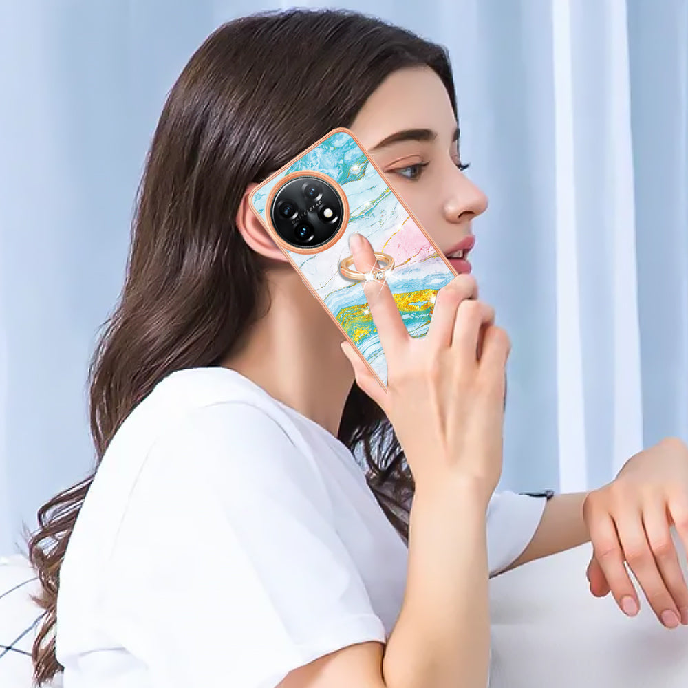 YB IMD Series-10 For OnePlus 11 5G Ring Kickstand TPU Phone Case IMD Marble Pattern Electroplating Cover - Green 004