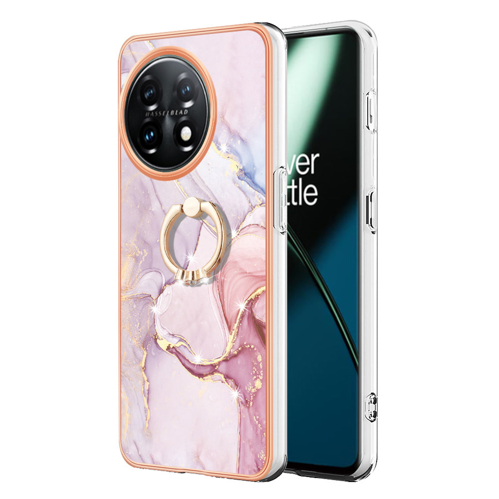 YB IMD Series-10 For OnePlus 11 5G Ring Kickstand TPU Phone Case IMD Marble Pattern Electroplating Cover - Rose Gold 005