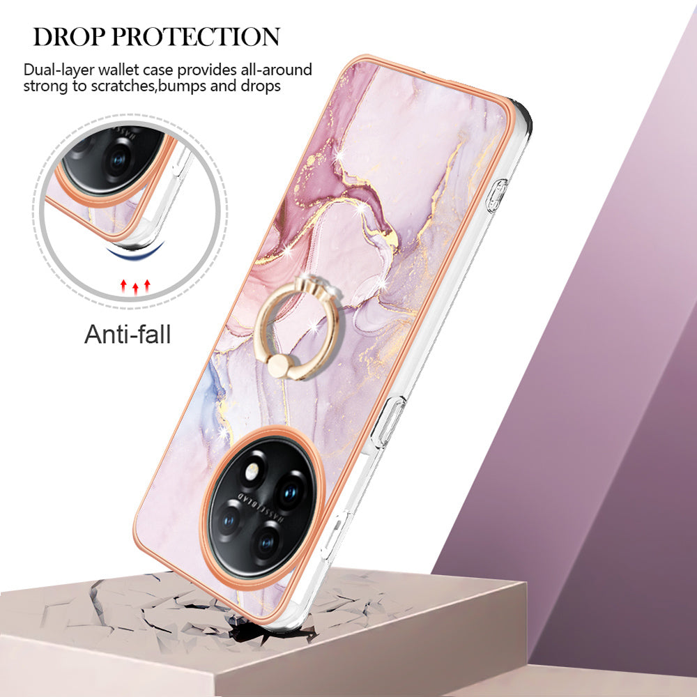 YB IMD Series-10 For OnePlus 11 5G Ring Kickstand TPU Phone Case IMD Marble Pattern Electroplating Cover - Rose Gold 005