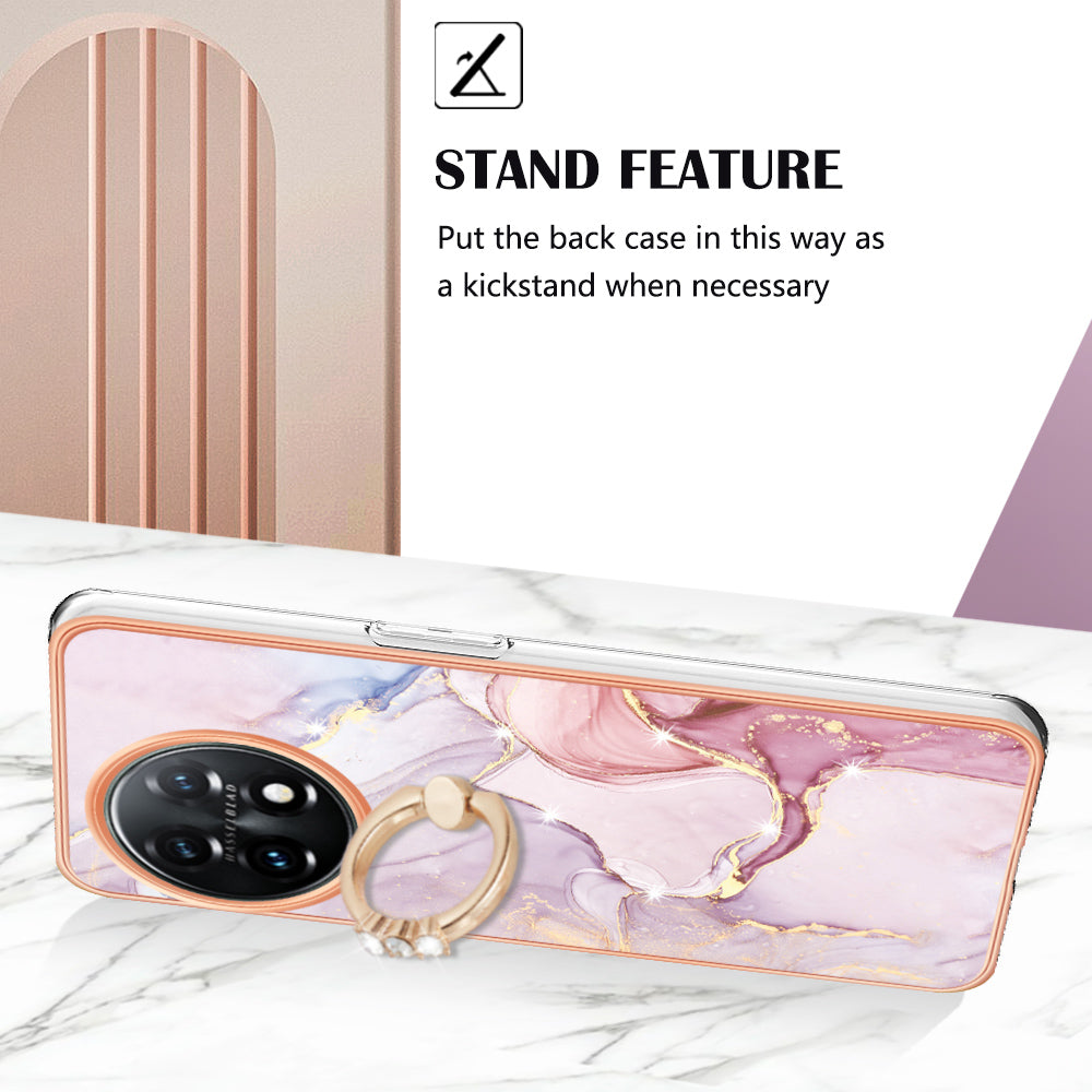 YB IMD Series-10 For OnePlus 11 5G Ring Kickstand TPU Phone Case IMD Marble Pattern Electroplating Cover - Rose Gold 005