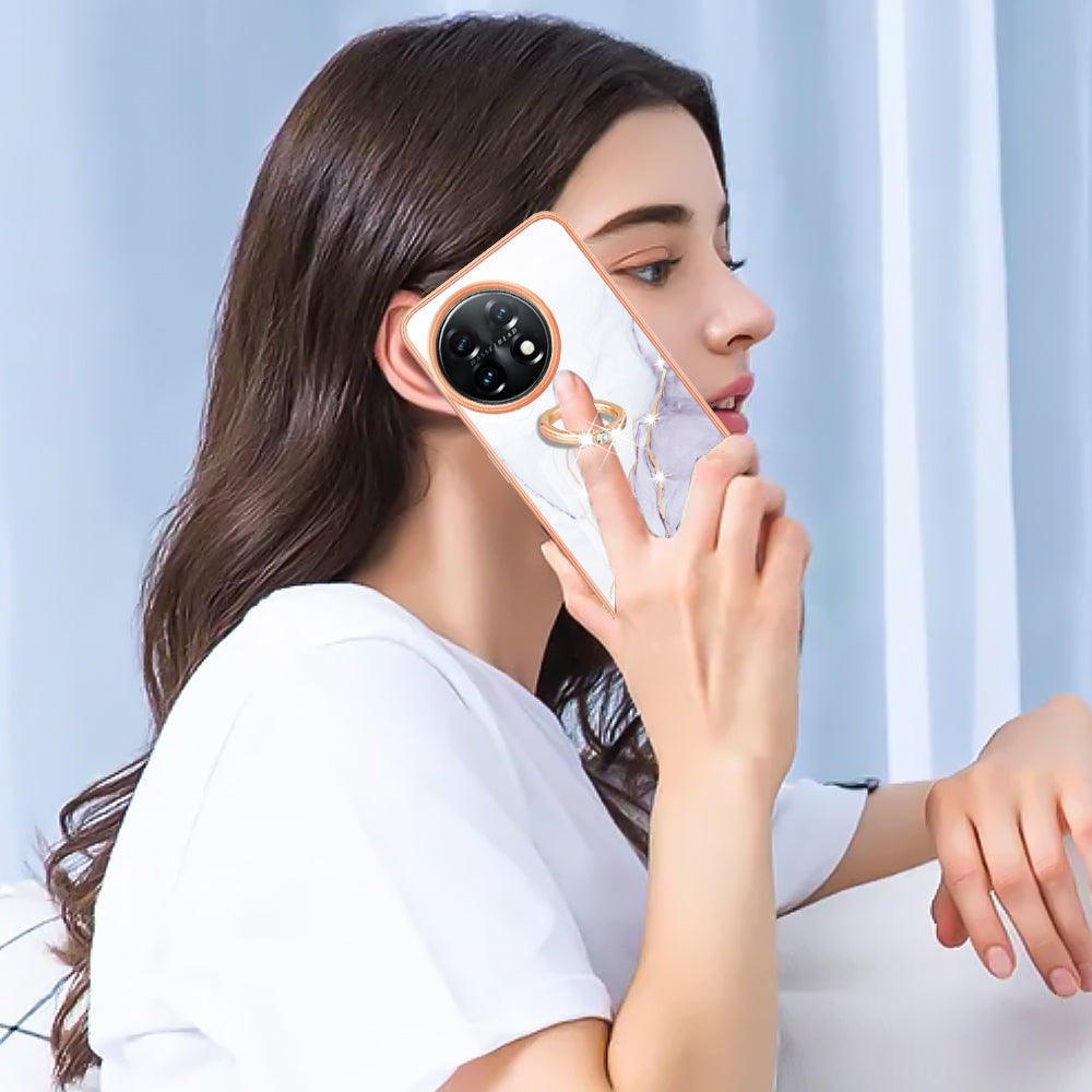 YB IMD Series-10 For OnePlus 11 5G Ring Kickstand TPU Phone Case IMD Marble Pattern Electroplating Cover - White 006