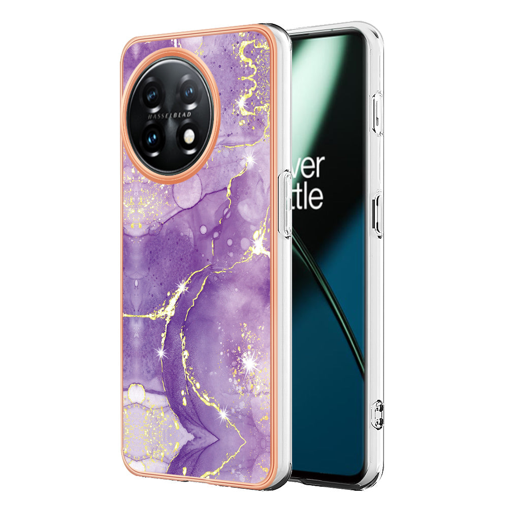 YB IMD Series-10 For OnePlus 11 5G Ring Kickstand TPU Phone Case IMD Marble Pattern Electroplating Cover - Purple 002