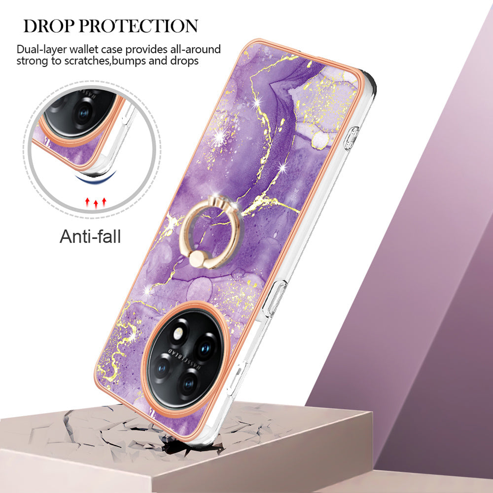 YB IMD Series-10 For OnePlus 11 5G Ring Kickstand TPU Phone Case IMD Marble Pattern Electroplating Cover - Purple 002