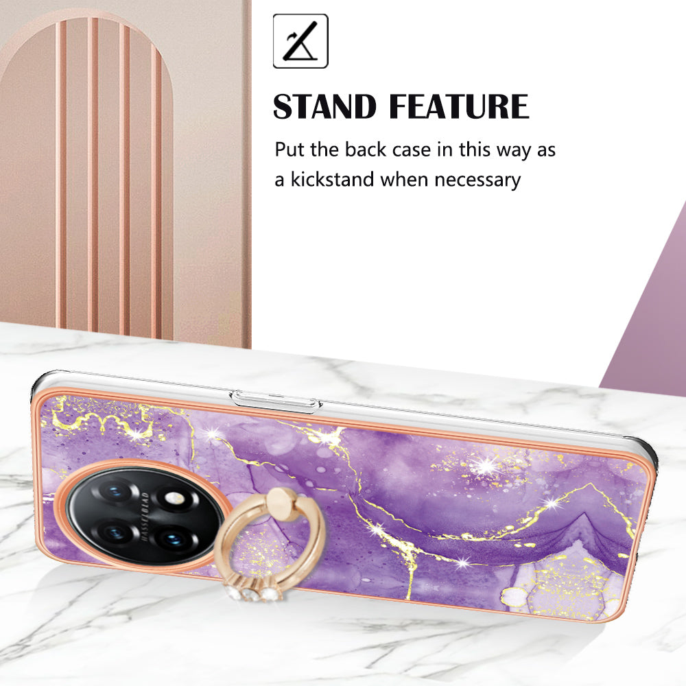YB IMD Series-10 For OnePlus 11 5G Ring Kickstand TPU Phone Case IMD Marble Pattern Electroplating Cover - Purple 002