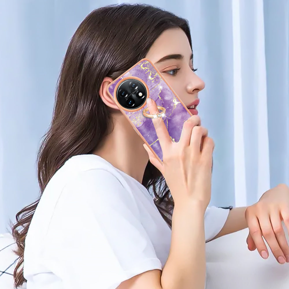 YB IMD Series-10 For OnePlus 11 5G Ring Kickstand TPU Phone Case IMD Marble Pattern Electroplating Cover - Purple 002