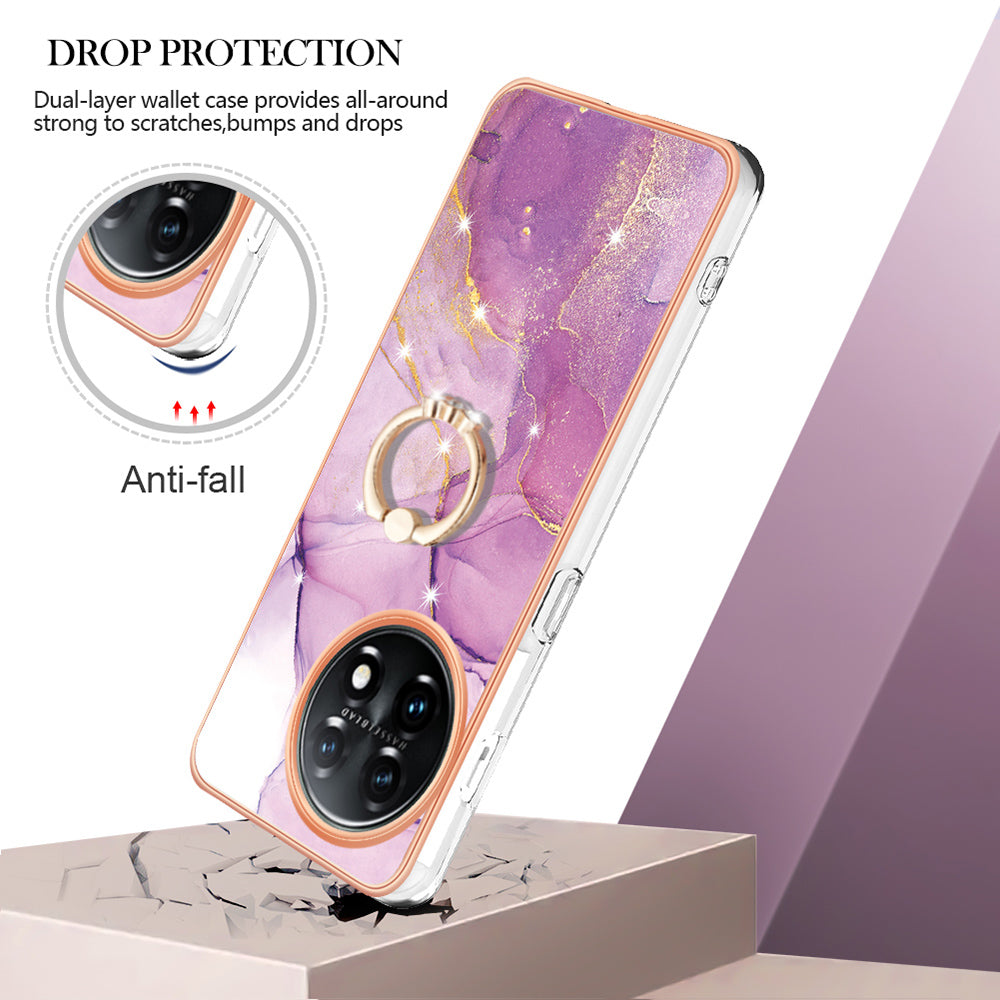 YB IMD Series-10 For OnePlus 11 5G Ring Kickstand TPU Phone Case IMD Marble Pattern Electroplating Cover - Purple 001