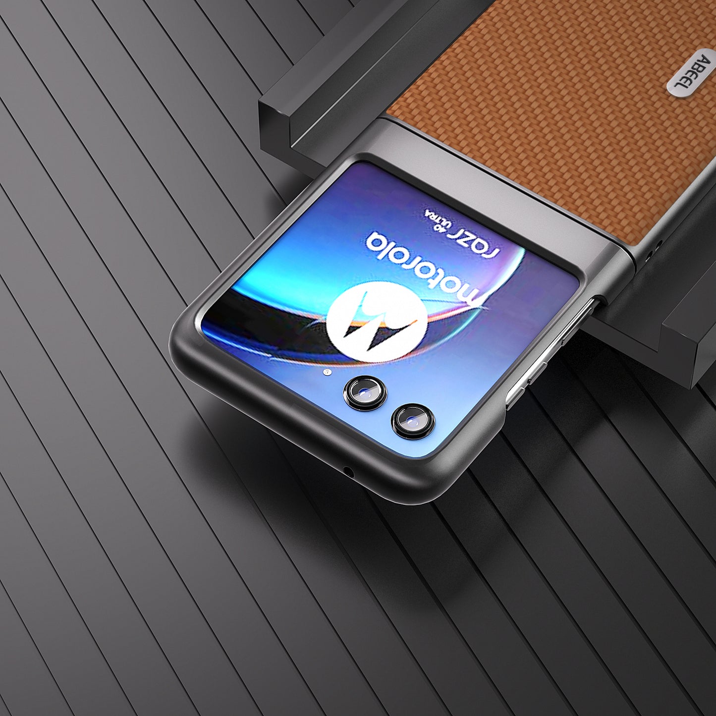 Uniqkart For Motorola Razr 40 Ultra 5G PU Leather Coated PC Case Carbon Fiber Texture Protective Phone Cover - Light Brown