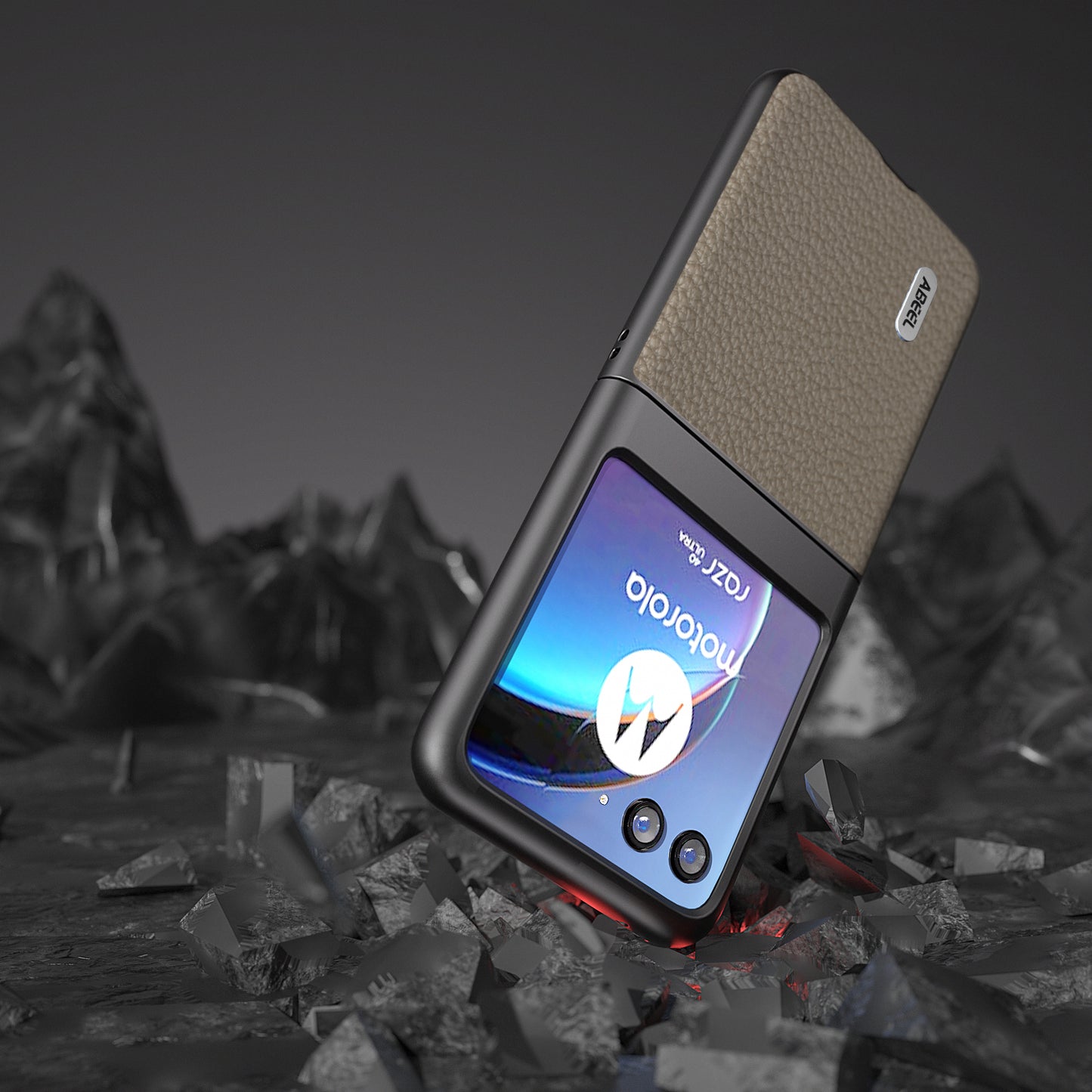 Uniqkart For Motorola Razr 40 Ultra 5G Cowhide Leather Coated PC Phone Case Litchi Texture Phone Cover - Khaki