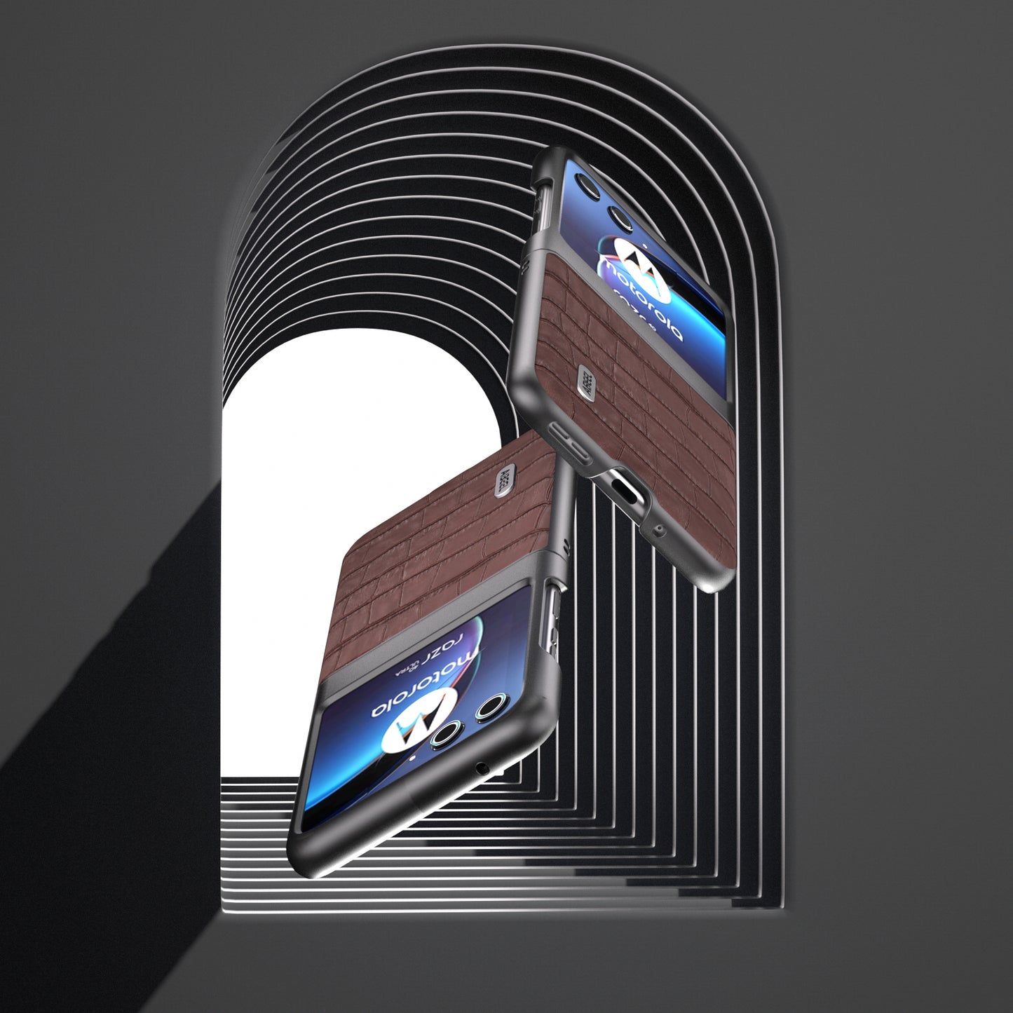 Uniqkart For Motorola Razr 40 Ultra 5G Phone Case Genuine Cow Leather Crocodile Texture Slim Phone Cover - Brown