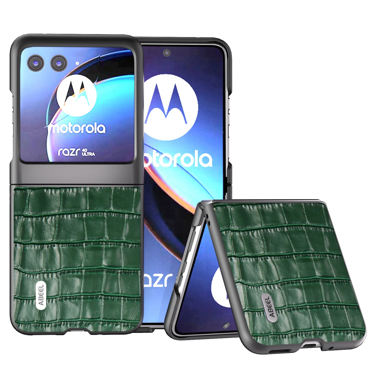 Uniqkart For Motorola Razr 40 Ultra 5G Phone Case Genuine Cow Leather Crocodile Texture Slim Phone Cover - Green