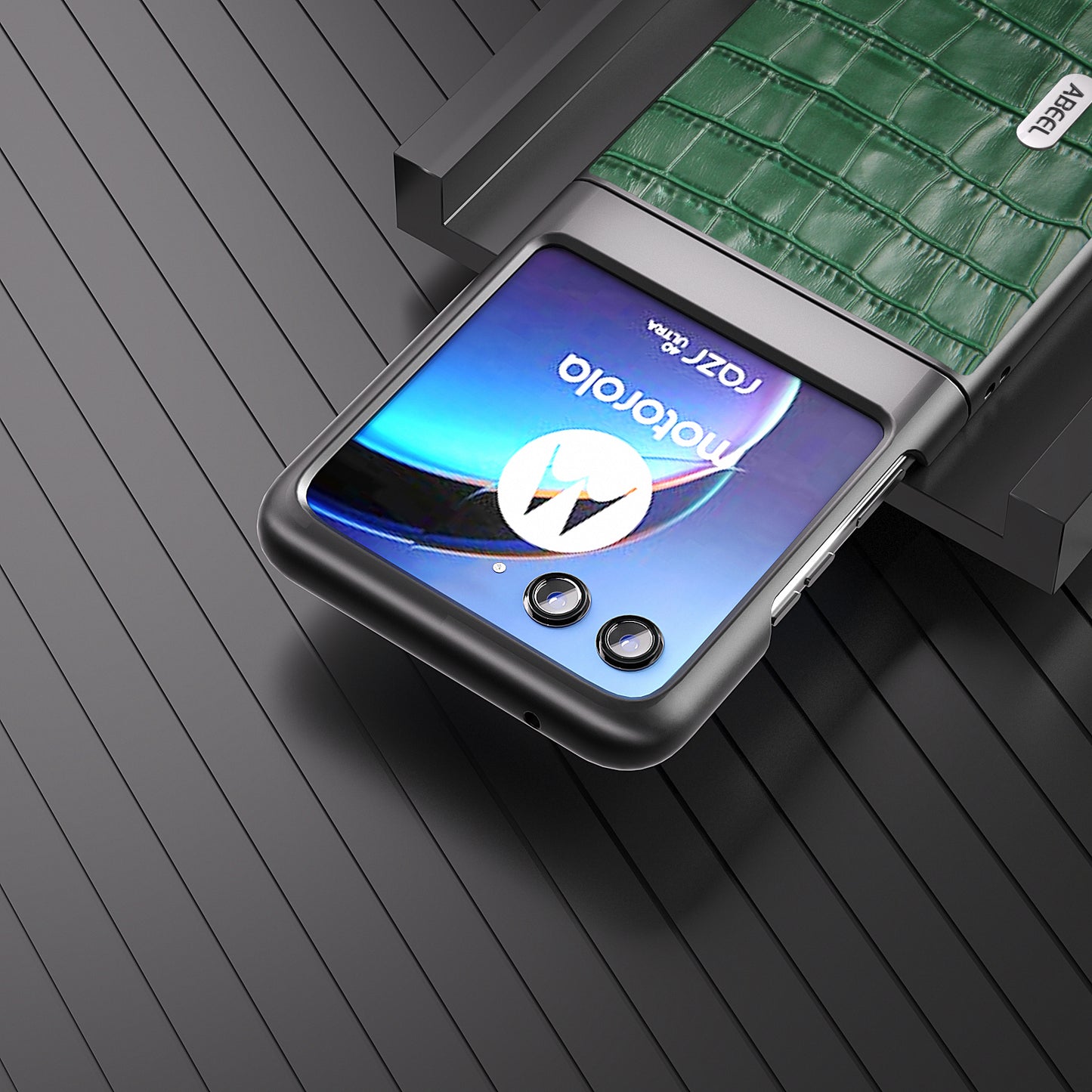 Uniqkart For Motorola Razr 40 Ultra 5G Phone Case Genuine Cow Leather Crocodile Texture Slim Phone Cover - Green