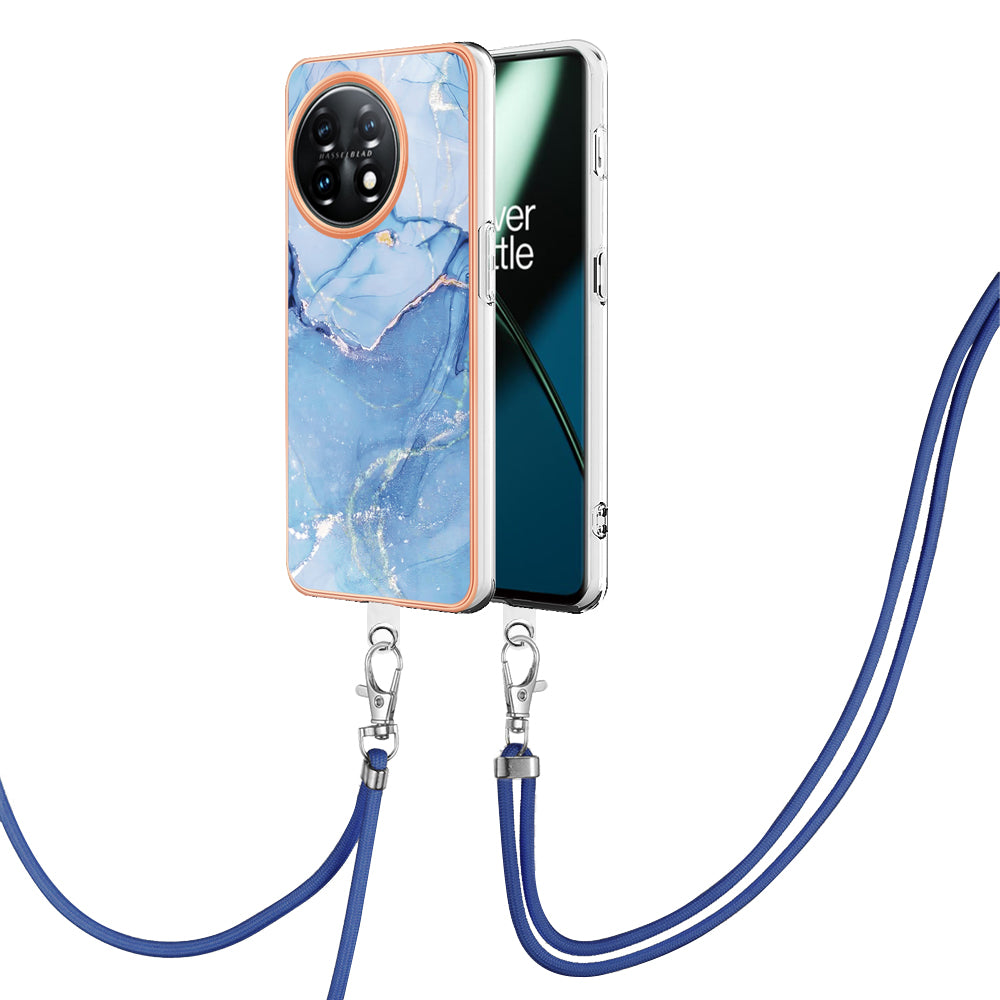 YB IMD Series-18 Style E for OnePlus 11 5G Flexible TPU Case Marble Pattern 2.0mm Electroplating Phone Cover with Lanyard - Blue