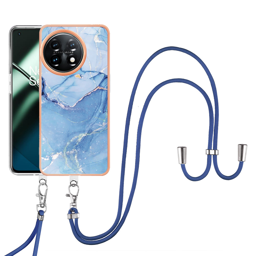 YB IMD Series-18 Style E for OnePlus 11 5G Flexible TPU Case Marble Pattern 2.0mm Electroplating Phone Cover with Lanyard - Blue