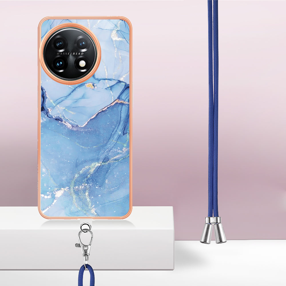 YB IMD Series-18 Style E for OnePlus 11 5G Flexible TPU Case Marble Pattern 2.0mm Electroplating Phone Cover with Lanyard - Blue