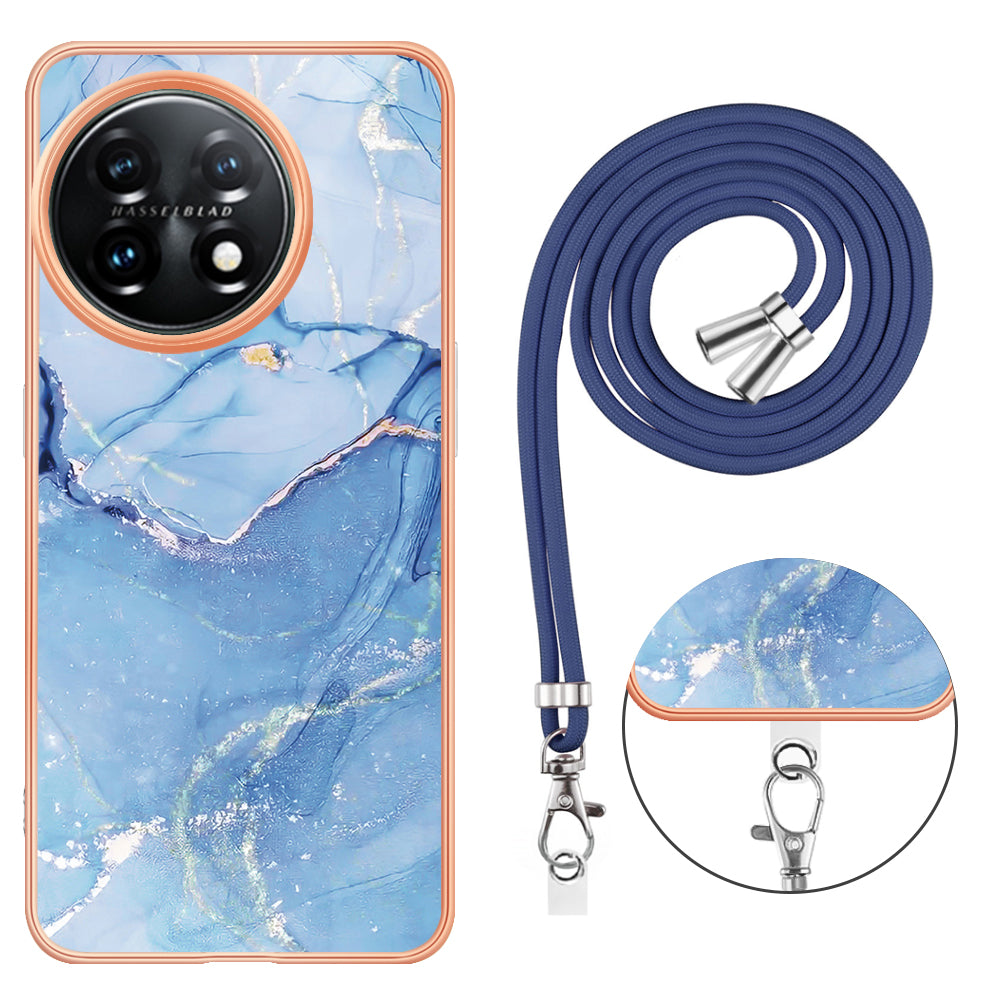 YB IMD Series-18 Style E for OnePlus 11 5G Flexible TPU Case Marble Pattern 2.0mm Electroplating Phone Cover with Lanyard - Blue