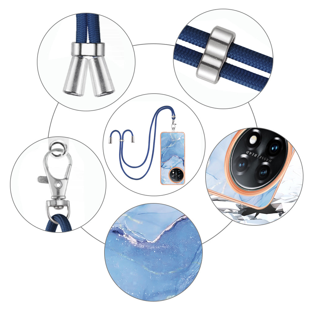 YB IMD Series-18 Style E for OnePlus 11 5G Flexible TPU Case Marble Pattern 2.0mm Electroplating Phone Cover with Lanyard - Blue