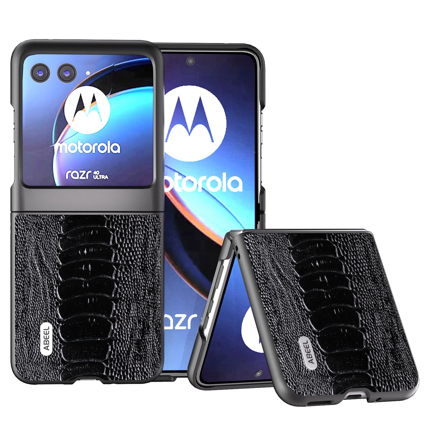 Uniqkart For Motorola Razr 40 Ultra 5G Shockproof Phone Case Genuine Cow Leather+PC Crocodile Texture Cover - Black