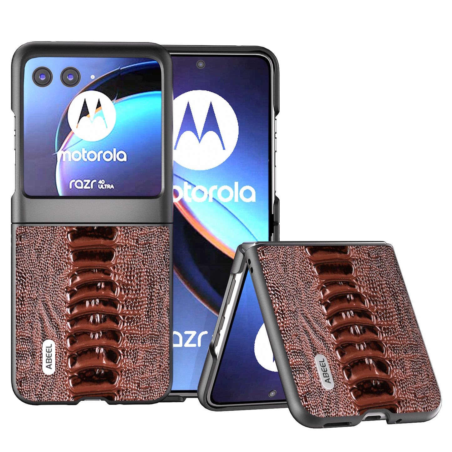Uniqkart For Motorola Razr 40 Ultra 5G Shockproof Phone Case Genuine Cow Leather+PC Crocodile Texture Cover - Brown