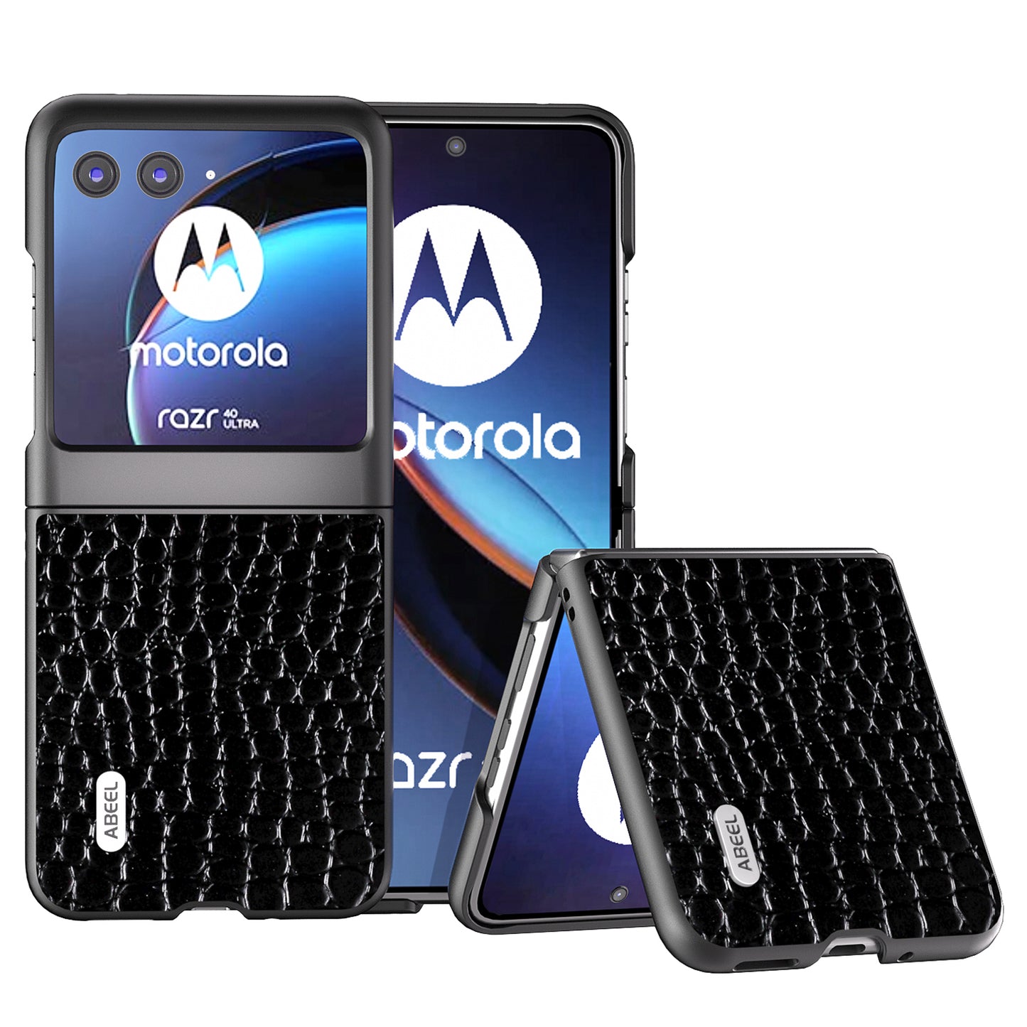 Uniqkart For Motorola Razr 40 Ultra 5G Crocodile Texture Slim Case Genuine Cow Leather+PC Protective Phone Cover - Black