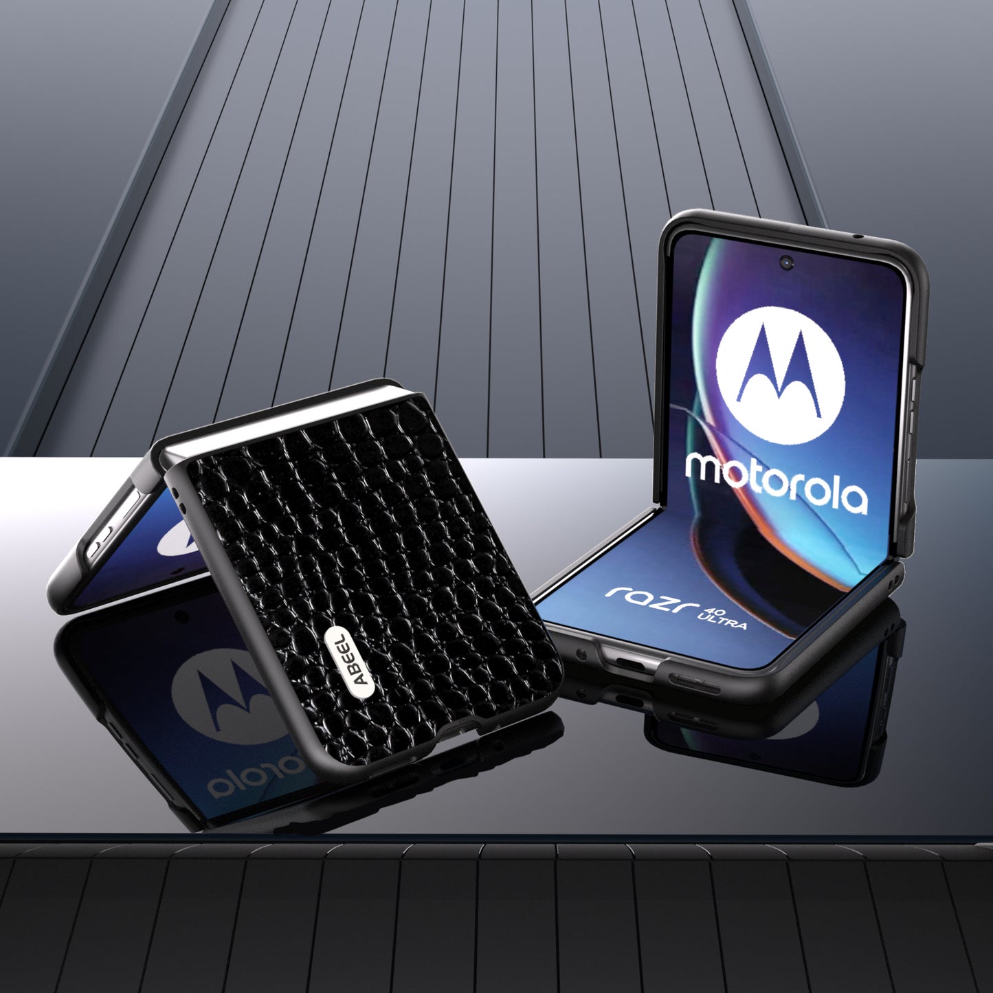 Uniqkart For Motorola Razr 40 Ultra 5G Crocodile Texture Slim Case Genuine Cow Leather+PC Protective Phone Cover - Black