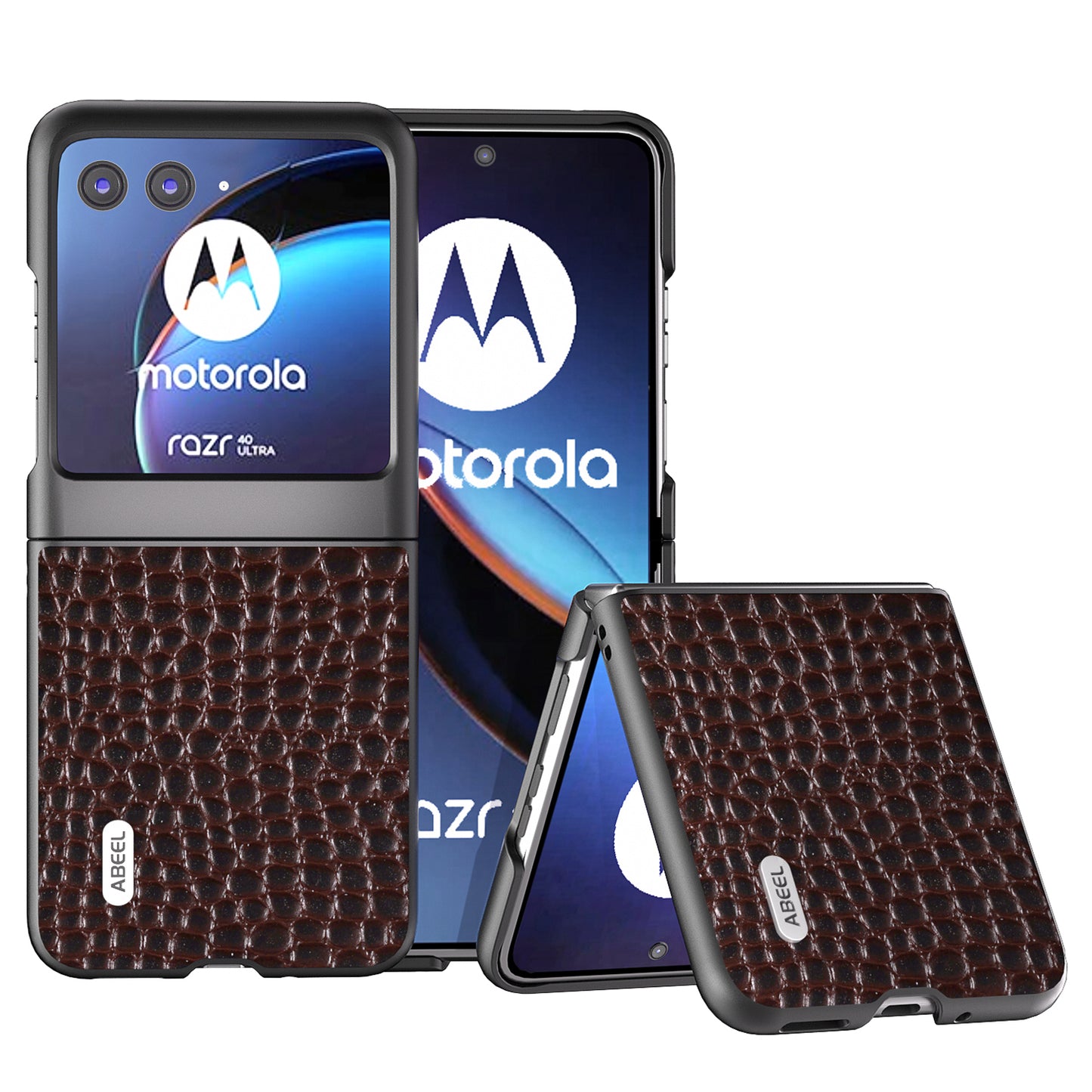 Uniqkart For Motorola Razr 40 Ultra 5G Crocodile Texture Slim Case Genuine Cow Leather+PC Protective Phone Cover - Coffee