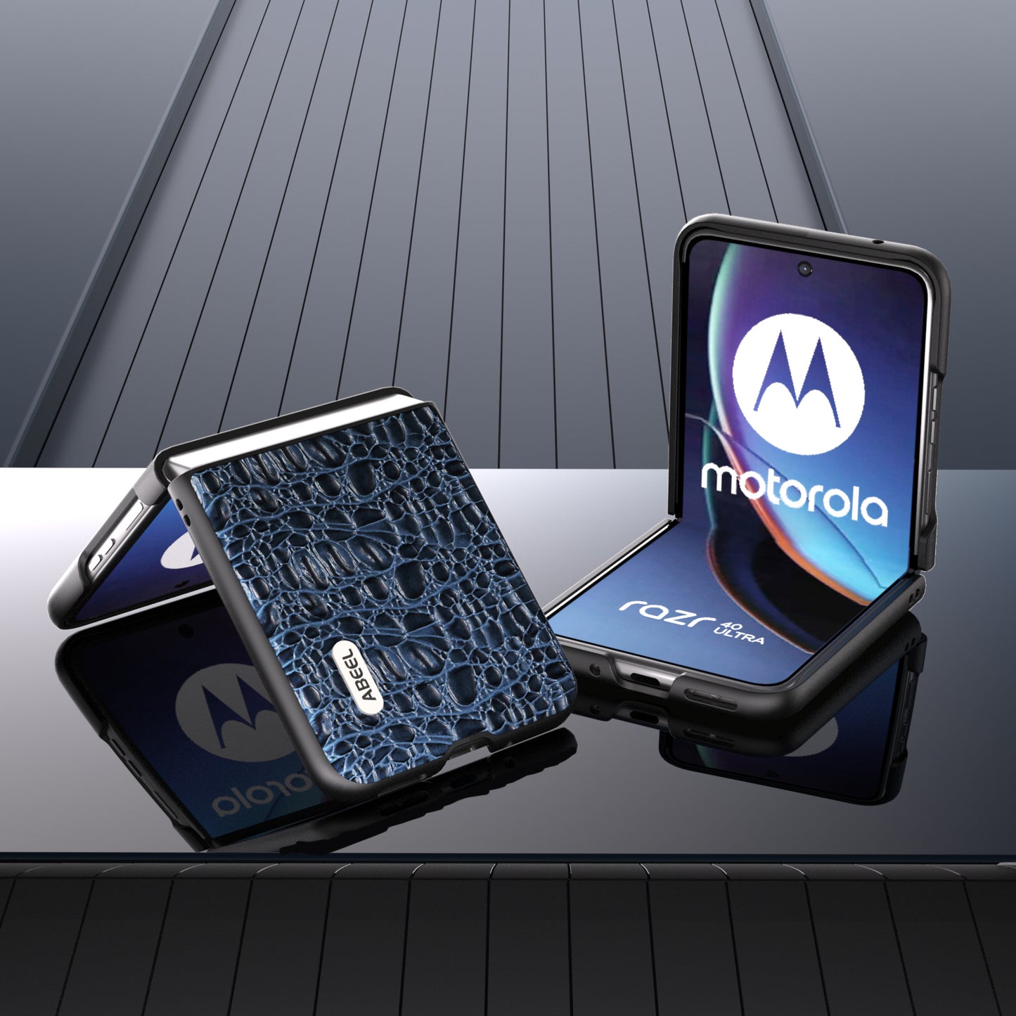 Uniqkart For Motorola Razr 40 Ultra 5G Shockproof Back Cover Genuine Cow Leather+PC Phone Case - Blue