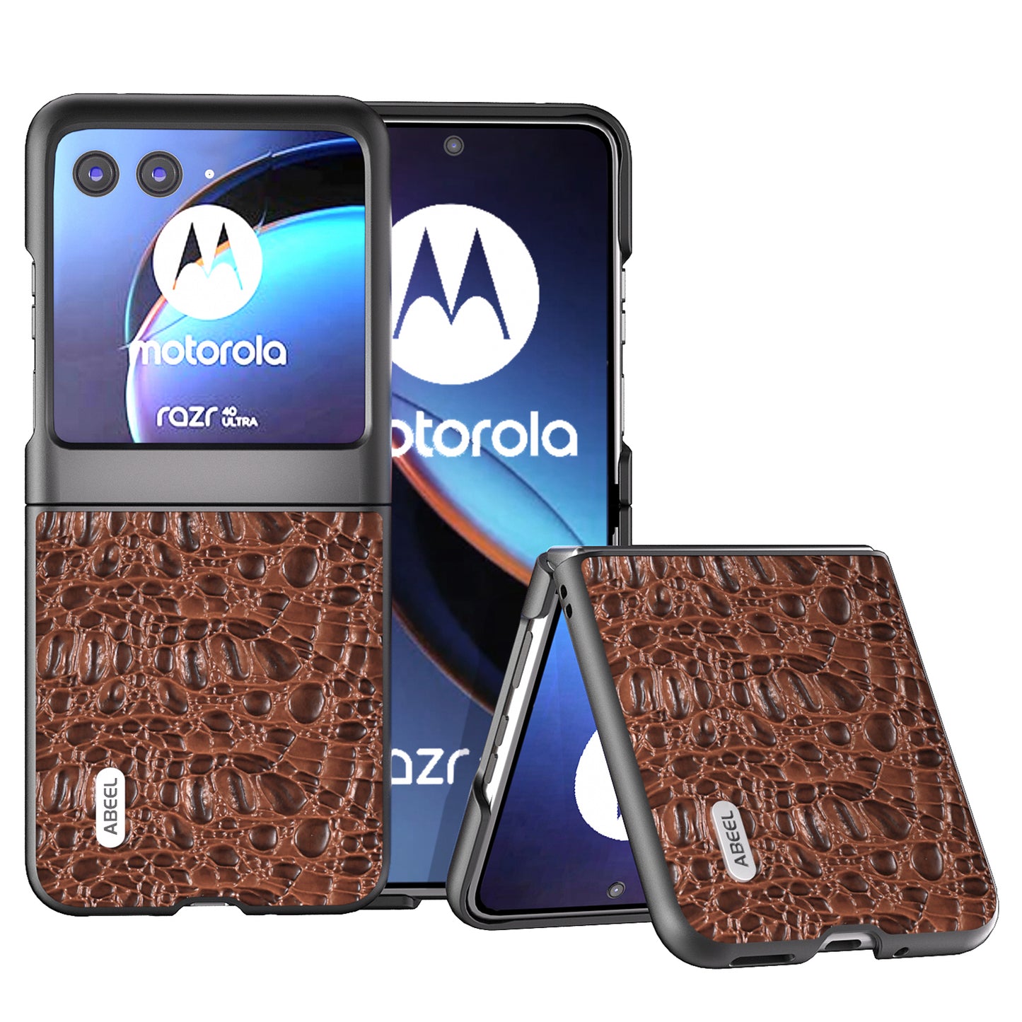 Uniqkart For Motorola Razr 40 Ultra 5G Shockproof Back Cover Genuine Cow Leather+PC Phone Case - Brown