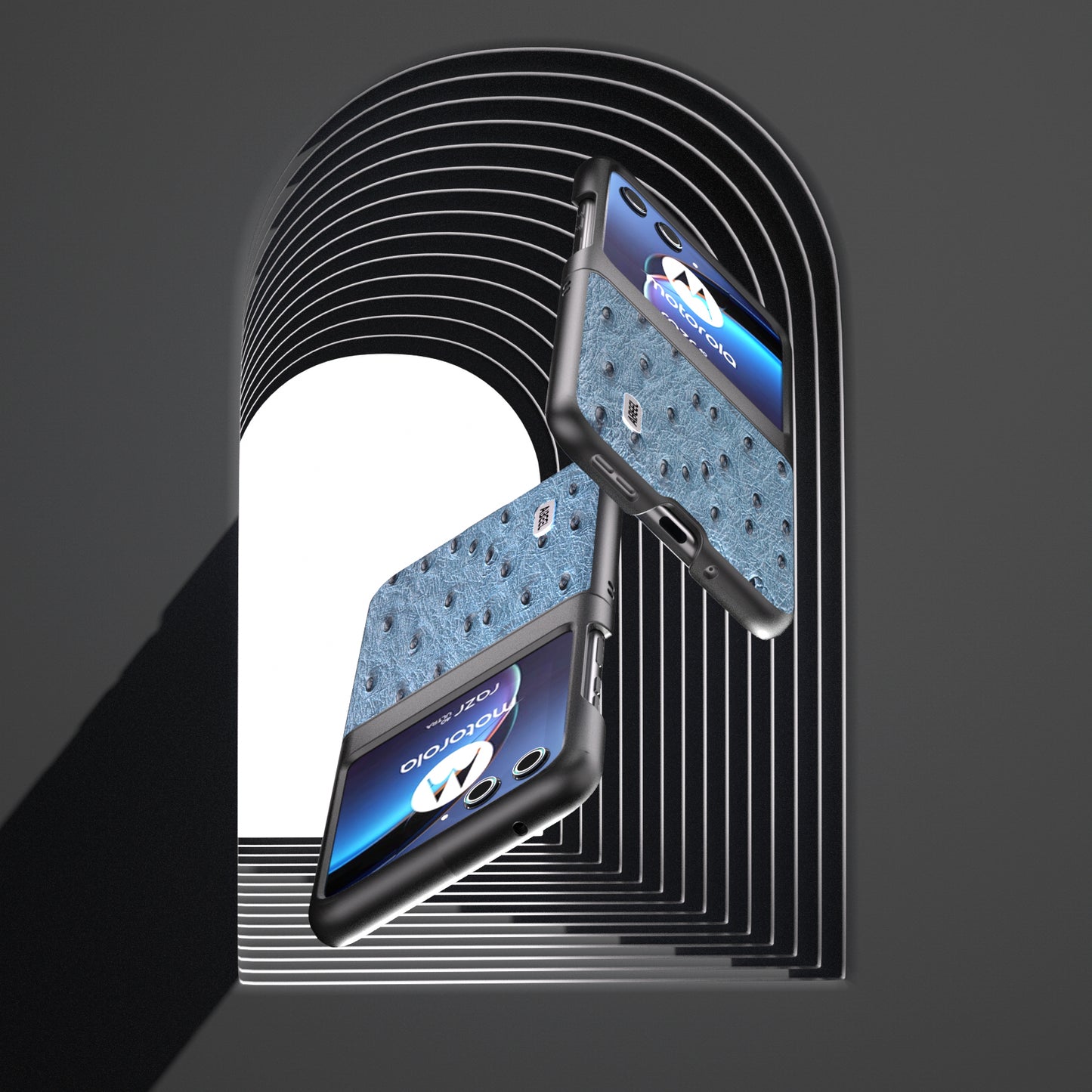 Uniqkart for Motorola Razr 40 Ultra 5G Genuine Cow Leather + PC Shockproof Case Ostrich Texture Phone Cover - Blue