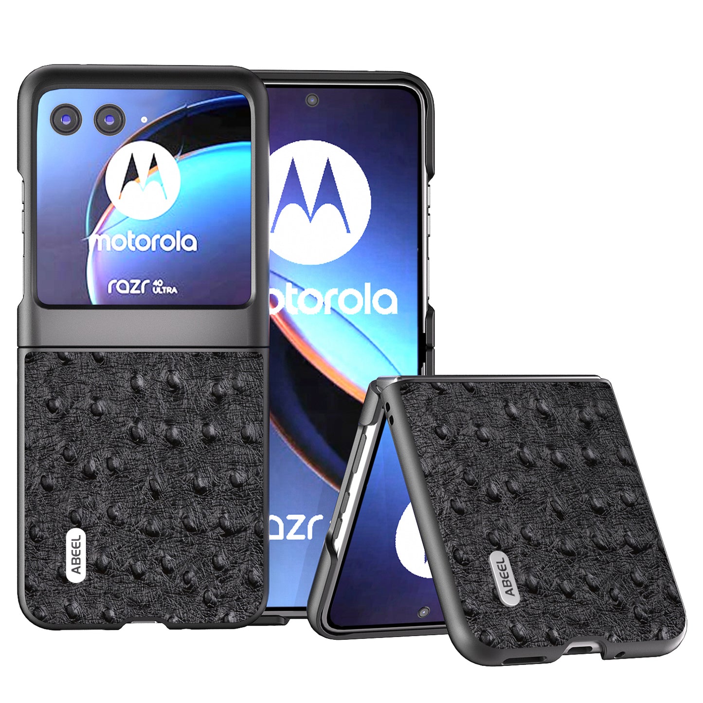 Uniqkart for Motorola Razr 40 Ultra 5G Genuine Cow Leather + PC Shockproof Case Ostrich Texture Phone Cover - Black