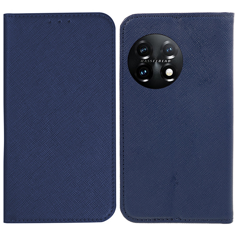 Stand Wallet Shell for OnePlus 11 5G Shockproof Phone Cover Cross Texture PU Leather Case - Dark Blue