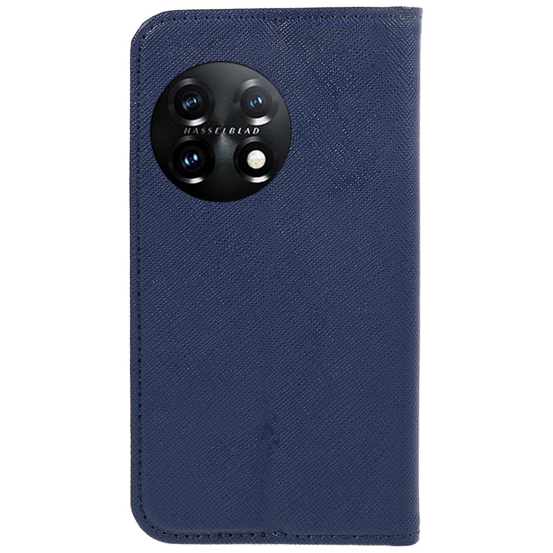 Stand Wallet Shell for OnePlus 11 5G Shockproof Phone Cover Cross Texture PU Leather Case - Dark Blue