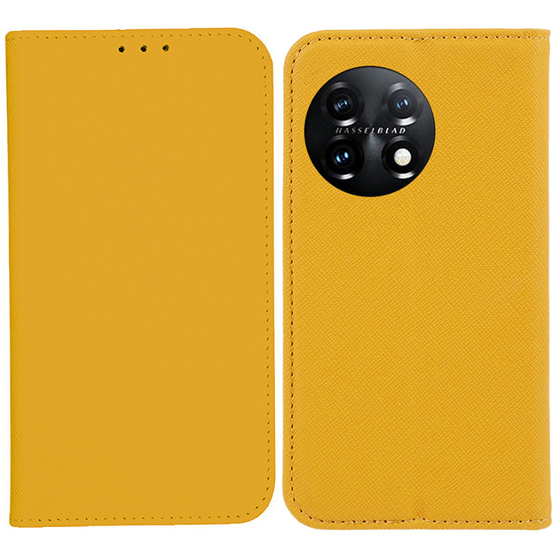 Stand Wallet Shell for OnePlus 11 5G Shockproof Phone Cover Cross Texture PU Leather Case - Yellow