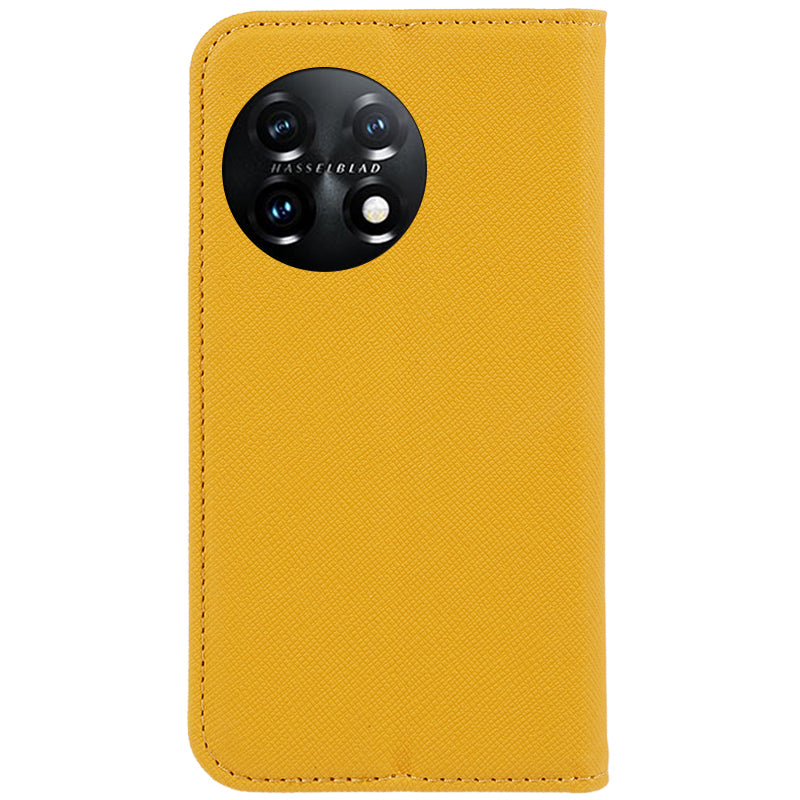Stand Wallet Shell for OnePlus 11 5G Shockproof Phone Cover Cross Texture PU Leather Case - Yellow