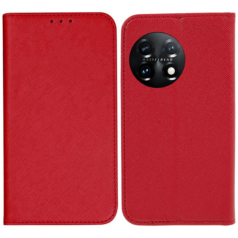 Stand Wallet Shell for OnePlus 11 5G Shockproof Phone Cover Cross Texture PU Leather Case - Red