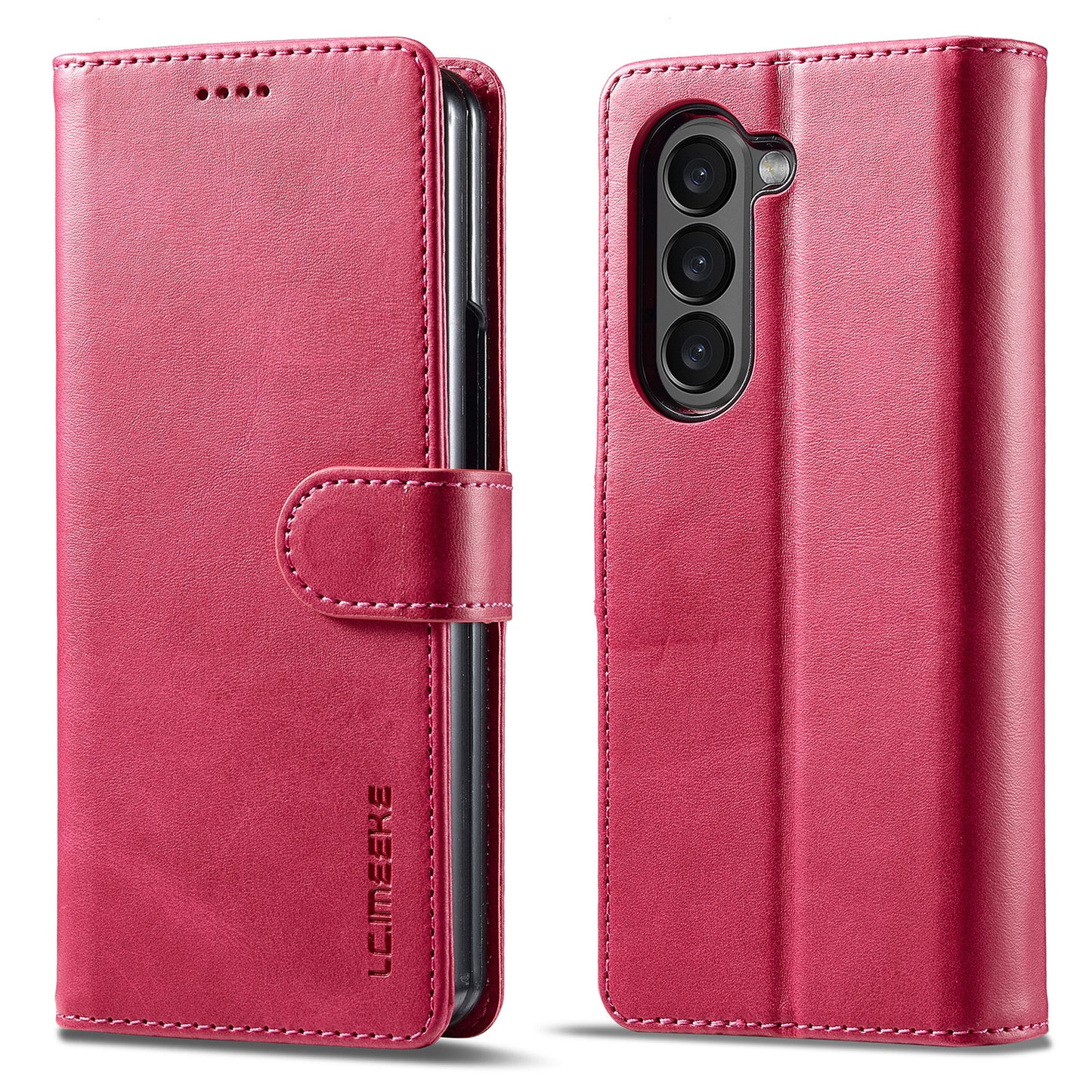 Uniqkart For Samsung Galaxy Z Fold5 5G Wallet Leather Phone Case Stand Calf Texture Phone Cover - Rose