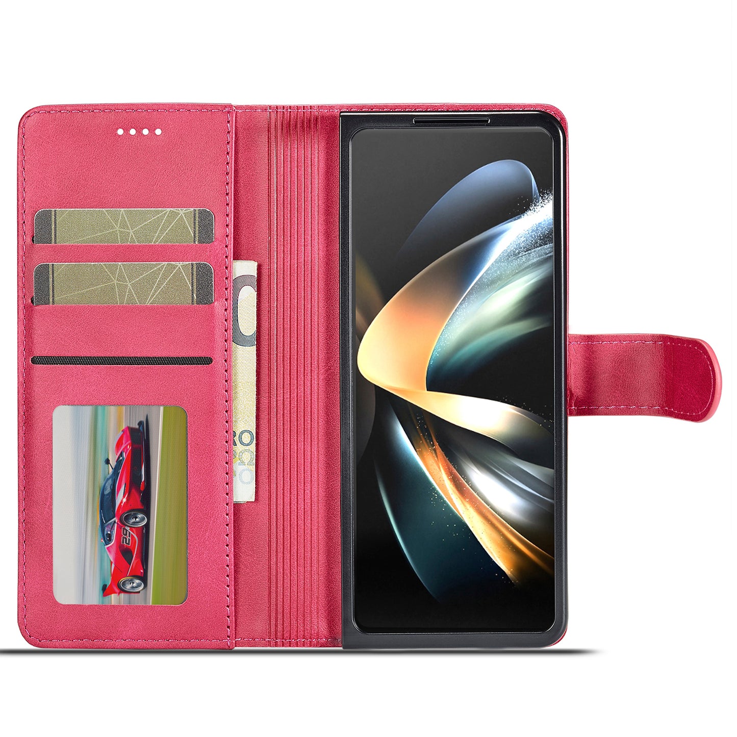 Uniqkart For Samsung Galaxy Z Fold5 5G Wallet Leather Phone Case Stand Calf Texture Phone Cover - Rose