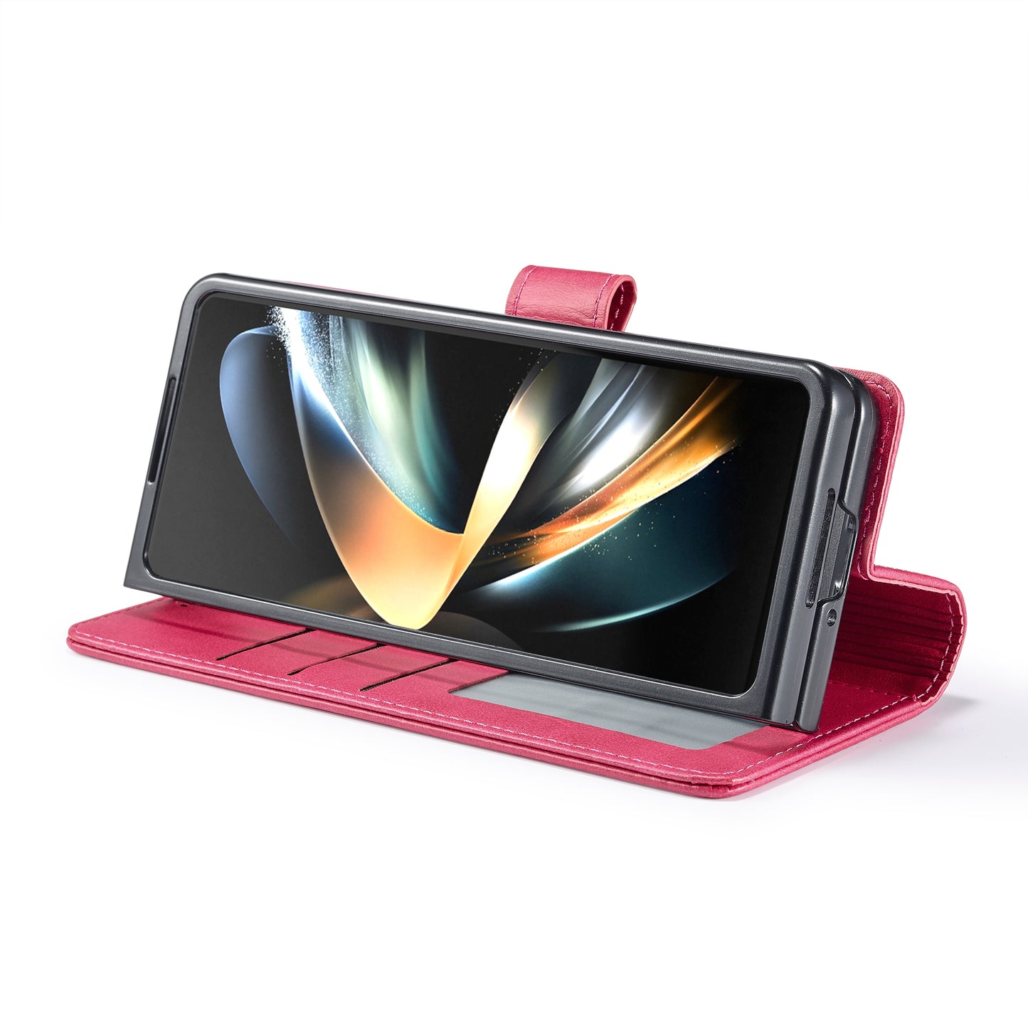 Uniqkart For Samsung Galaxy Z Fold5 5G Wallet Leather Phone Case Stand Calf Texture Phone Cover - Rose